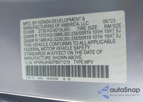 2023 Honda Odyssey Touring from USA, damaged, VIN 5FNRL6H82PB071210